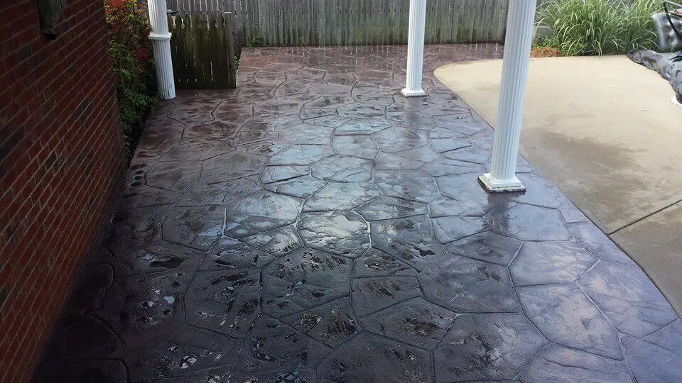 Brown-Red, stamped concrete patio